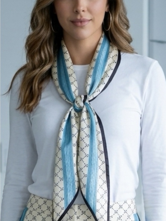 No Name Accessories - Blue and Cream Patterned Silk Neck Scarf